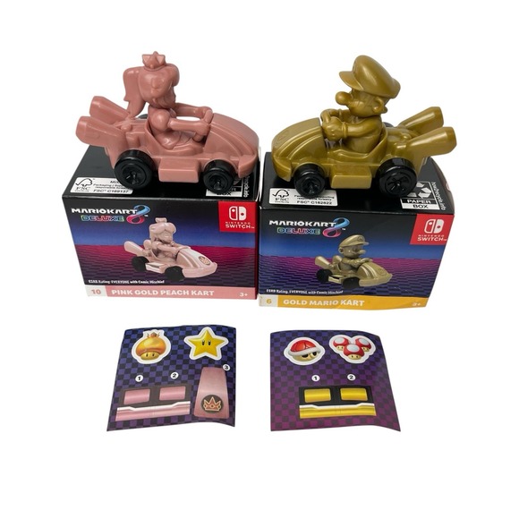 McDonalds Mario Kart 8 Deluxe Happy Meal Toys Set 2 Gold Mario 2 Pink Gold Peach - Picture 1 of 9